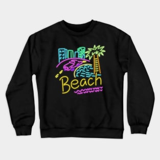 Beach neon house palm trees multi color pink Cadillac sand sun Crewneck Sweatshirt